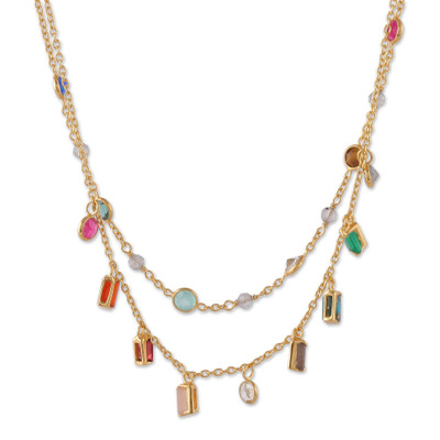 Gold-plated multi-gemstone charm strand necklace, 'Golden Spells' - 18k Gold-Plated Multi-Gemstone Charm Strand Necklace