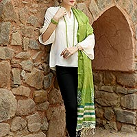 Tussar silk shawl, 'Fresh Forest Dreamer' - Artisan Crafted Green Leaves Hand Printed on Silk Shawl