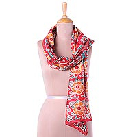 Cotton and silk blend batik scarf, 'Floral Bliss' - Cotton and Silk Blend Red Floral Batik Handmade Scarf