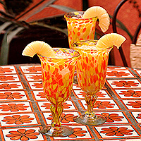 Blown glass goblets, 'Sun Celebration' (set of 3) - Set of 3 Mexican Handblown Recycled Glass Cocktail Goblets