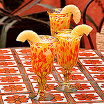 Set of 3 Mexican Handblown Recycled Glass Cocktail Goblets, 'Sun Celebration'