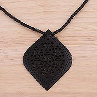 Ebony wood pendant necklace, 'Mughal Delight' - Beaded Ebony Wood Necklace with Hand Carved Leaf Pendant