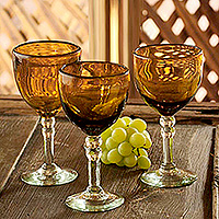 Wine goblets, 'Ocean Gold' (set of 3) - Set of 3 Mexican Handblown Recycled Glass Wine Goblets