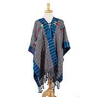 Cotton poncho, 'Highland Stripes' - Black and White Cotton Poncho with Colorful Trim