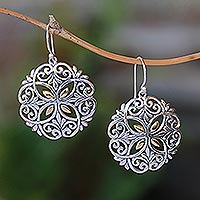 Gold accented sterling silver dangle earrings, 'Winter Petals' - Circular Gold Accented Sterling Silver Dangle Earrings