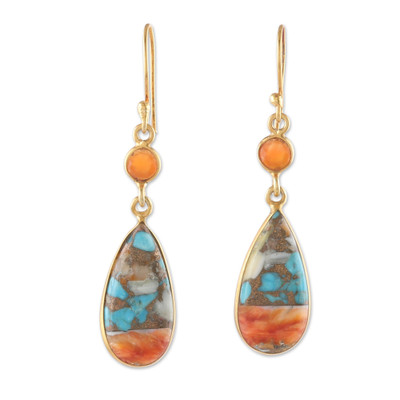 Gold-plated carnelian dangle earrings, 'Teardrop Victory' - Gold-Plated Carnelian and Recon Turquoise Dangle Earrings