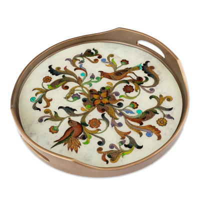 Reverse-painted glass tray, 'Birds of Dawn' - Hand Painted Glass Tray from Peru