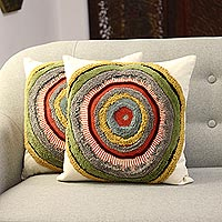 Embroidered cotton cushion covers, 'Abstract Sun' (pair) - Circle Motif Embroidered Cotton Cushion Covers (Pair)