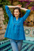 Block-printed cotton tunic, 'Spring Morning Bluebell' - Block-Printed Patterned Blue Cotton Tunic from India