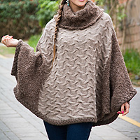 Alpaca blend poncho, 'Rich Earth' - Peruvian Alpaca Blend Poncho With Cowl Neck And Sleeves