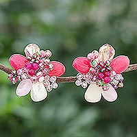 Multi-gemstone clip-on earrings, 'Solaris in Pink' - Agate and Rose Quartz Cluster Clip-On Earrings