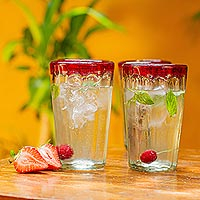 Tumblers, 'Ruby Groove' (set of 5) - Set of 5 Mexican Red Rim Recycled Glass Drinking Glasses