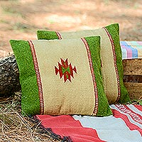 Zapotec wool cushion covers, 'Sierra' (pair) - Handwoven Wool Green and Beige Cushion Covers (Pair)