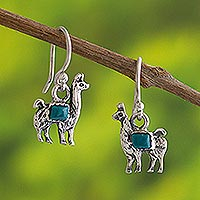 Chrysocolla dangle earrings, 'Andean Llama in Turquoise' - Peruvian Silver and Chrysocolla Llama Dangle Earrings