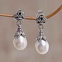 Pearl dangle earrings, 'White Lotus Bud' - Sterling Silver Pearl Dangle Earrings