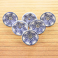 Ceramic knobs, 'Blue Spring' (set of 6) - Set of 6 Handcrafted Floral Ceramic Knobs in a Blue Hue