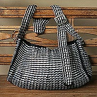 Soda pop top shoulder bag, 'Silvery Surprise' - Aluminum Pop Top and Black Cord Crocheted Shoulder Bag