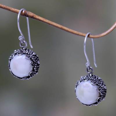 Cultured pearl dangle earrings, 'Sanur Moon' - Bali Artisan Crafted White Pearl Earrings