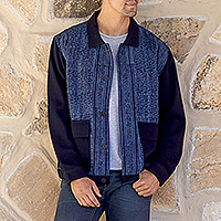 Men's cotton jacket, 'Blue Explorer' - Men's Hmong Motif Blue Button-Up Cotton Jacket