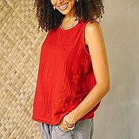 Cotton tank top, Flirty Bloom in Crimson