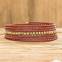 Beaded wrap bracelet, 'Spiral in Red' - Handmade Crystal and Glass Beaded Wrap Bracelet in Red