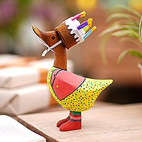 Wood figurine, 'Birthday Duck' - Bamboo Root and Teak Duck Figurine with a Birthday Cake Hat