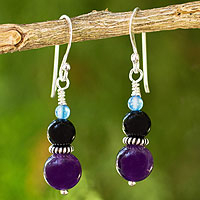 Amethyst and onyx dangle earrings, 'Sweet Plum' - Thai Artisan Crafted Amethyst and Onyx Bead Earrings