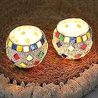 Glass mosaic tealight candleholders, Dancing Diamonds (pair)