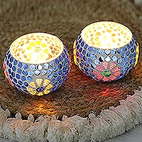 Glass mosaic tealight candleholders, 'Royal Light' (pair) - Blue Glass Mosaic Tealight Candleholders (Pair)