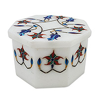 Marble inlay jewelry box, 'Garland' - Fair Trade Marble Inlay Jewelry Box Handcrafted in India