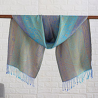 Silk scarf, 'Purple Heaven' - Green and Purple Silk Scarf with Paisley and Classic Motifs