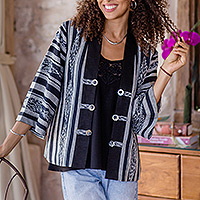 Ikat cotton jacket, 'Diamond in Black' - Hand-Woven Ikat Cotton Jacket with Buttons in Grey & Black