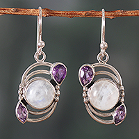 Rainbow moonstone and amethyst dangle earrings, 'Luminous Charm' - Sterling Silver Rainbow Moonstone & Amethyst Dangle Earrings