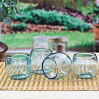 Recycled stemless wine glasses, 'Social Bliss in Blue' (set of 4) - 4 Hand Blown Recycled Glass Stemless Wine Glasses in Blue