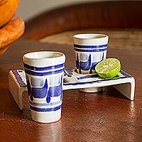 Majolica ceramic tequila glasses, 'Blue Agave' (set for 2) - Majolica Ceramic Tequila Shot Glasses Handmade in Mexico