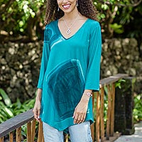 Hand-painted rayon blend blouse, 'Floating Blue' - Hand-Dyed Rayon Blend Blouse from Bali