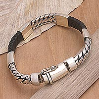 Men's leather-accented wristband bracelet, 'Futuristic Leader' - Sterling Silver and Leather Wristband Bracelet from Bali