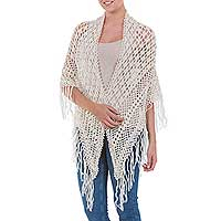 100% alpaca shawl, 'Amazon Ivory' - Handcrafted Alpaca Wool Crocheted Shawl from Peru