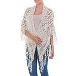 Handcrafted Alpaca Wool Crocheted Shawl from Peru, 'Amazon Ivory'