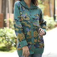 100% alpaca cardigan, 'Illusion' - Women's Knit Alpaca Wool Floral Cardigan in Teal from Peru