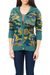 100% alpaca cardigan, 'Illusion' - Women's Knit Alpaca Wool Floral Cardigan in Teal from Peru