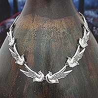 Sterling silver link necklace, 'Doves Peace' - Sterling Silver Bird Necklace Statement Jewelry from Mexico