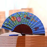 Embroidered silk hand fan, 'Magnificent Bouquet' - Floral Embroidered Silk Hand Fan in Caribbean Blue from Bali