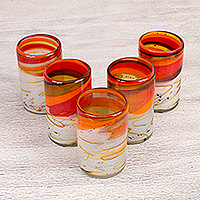 Blown glass tumblers, 'Caramel Fantasy' (set of 5) - Set of 5 Brown and Yellow Hand Blown Glass Tumblers