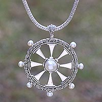 Cultured pearl pendant necklace, 'Buddha's Wheel' - Nautical Cultured Pearl Pendant Necklace from Bali