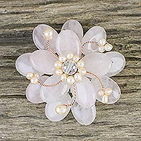 Rose quartz brooch pin, 'Pink Azalea' - Floral Rose Quartz and Pearl Brooch Pin