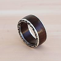 Men's sterling silver band ring, 'Rainforest Adventure' - Men's Sterling Silver and Wood Band Ring