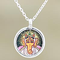 Sterling silver pendant necklace, 'God of Wisdom' - Hand Painted Sterling Silver Ganesha Pendant Necklace