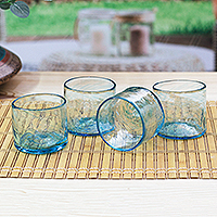 Blown recycled glass juice glasses, Garden Relaxation in Blue (set of 4)