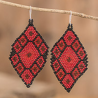 Glass beaded dangle earrings, 'Rhombus Trend in Red' - Geometric Beaded Dangle Earrings in Red and Black Hues